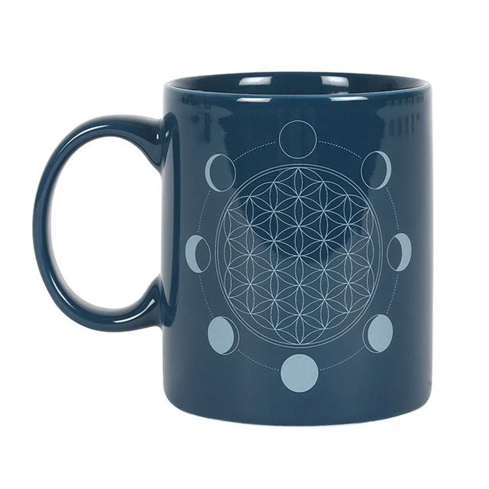 11 oz Blue Ceramic Mug - Moon Phase Flower of Life