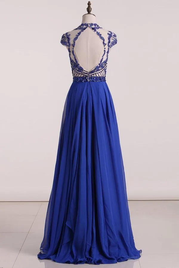 2024 Scoop Prom Dresses Chiffon A Line With Beading Cap PMTLPSRZ