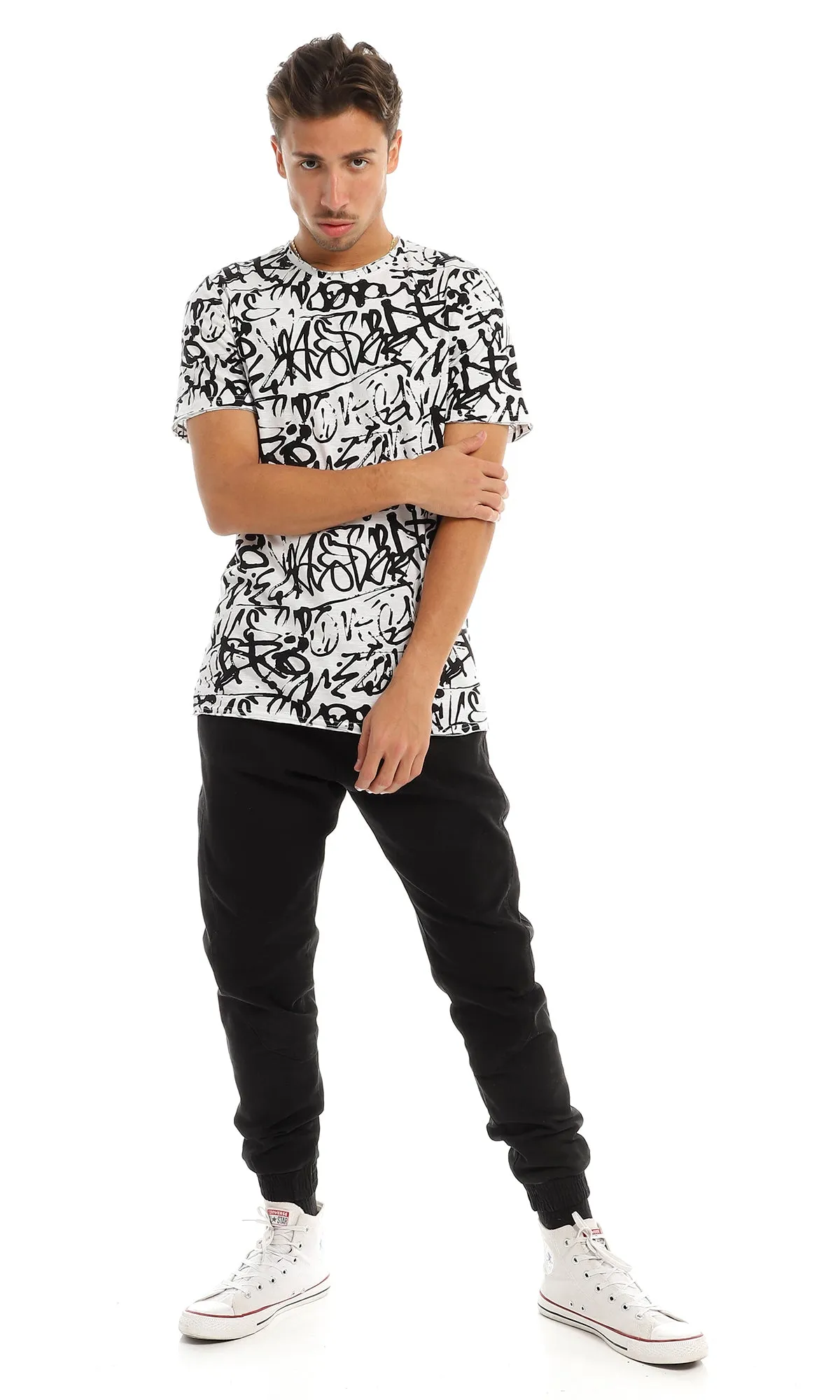 97177 Cool Self Patterned Crew Neck Black & White T-Shirt