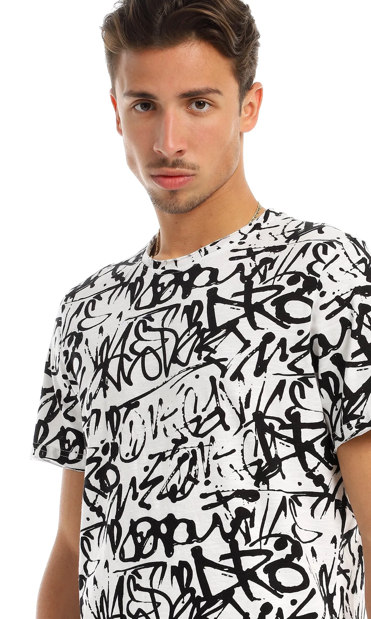 97177 Cool Self Patterned Crew Neck Black & White T-Shirt