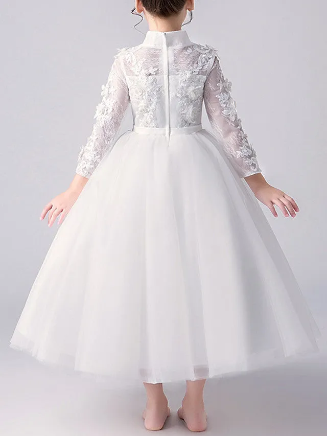 A-Line High Neck Tulle First Communion Flower Girl Dresses with Sleeves