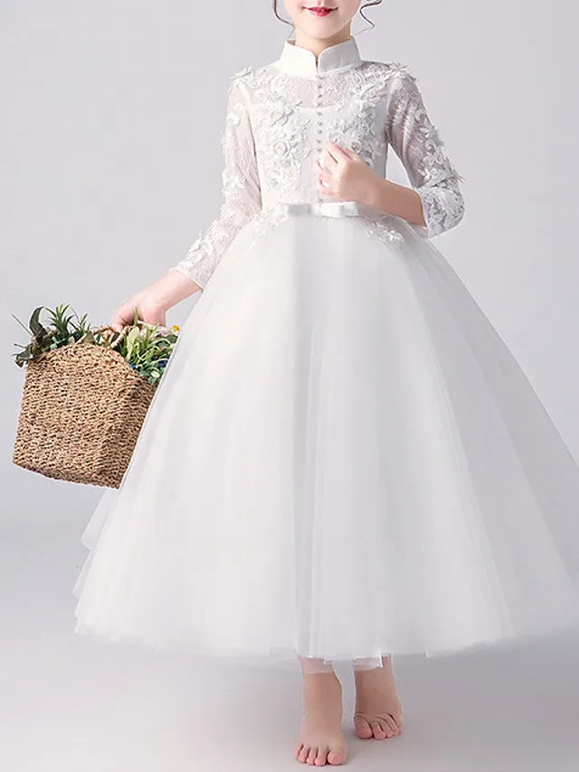 A-Line High Neck Tulle First Communion Flower Girl Dresses with Sleeves