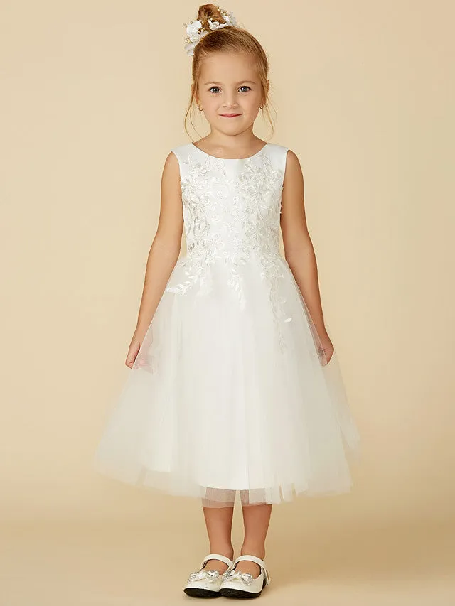 A-Line Lace Tulle Sleeveless Jewel Neck Wedding First Communion Flower Girl Dresses