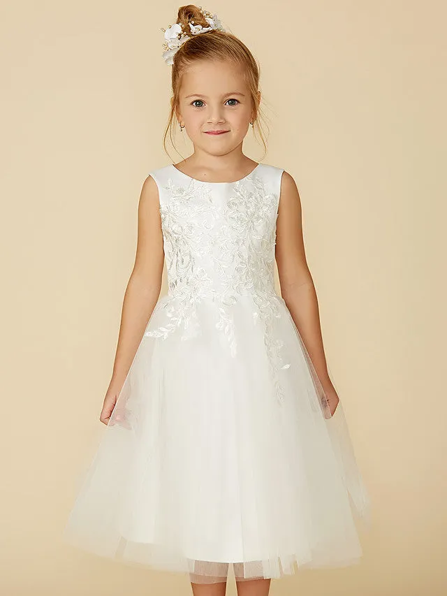 A-Line Lace Tulle Sleeveless Jewel Neck Wedding First Communion Flower Girl Dresses