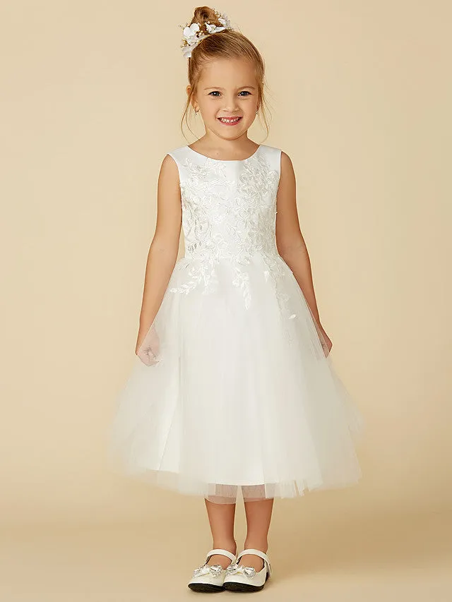 A-Line Lace Tulle Sleeveless Jewel Neck Wedding First Communion Flower Girl Dresses