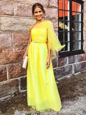 A-Line One-Shoulder Long Yellow Tulle Bridesmaid Dress