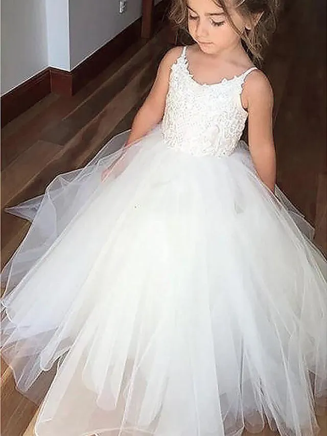 A-Line Tulle Jewel Neck Wedding First Communion Pageant Flower Girl Dresses