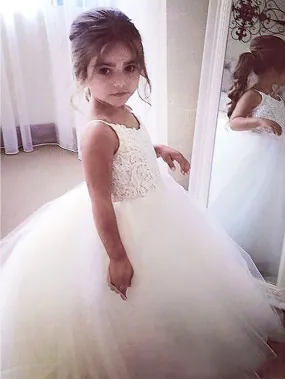 A-Line Tulle Jewel Neck Wedding First Communion Pageant Flower Girl Dresses