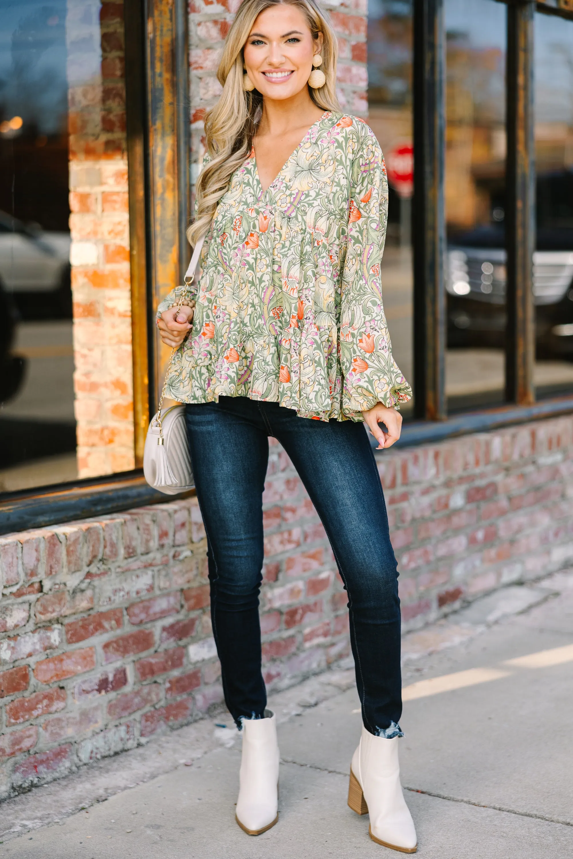 All For Love Olive Green Floral Blouse