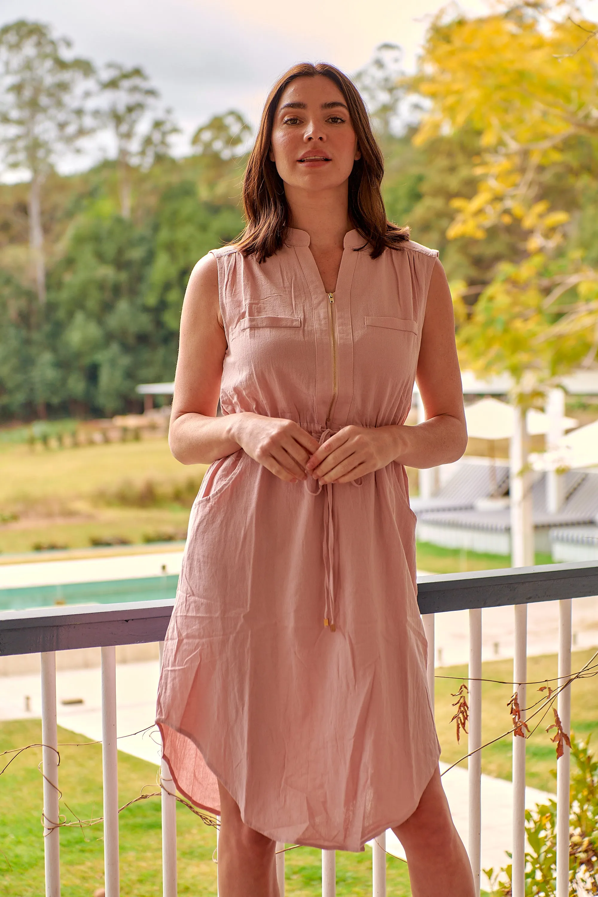 Alma Midi Pink Linen Look Zip Front Dress