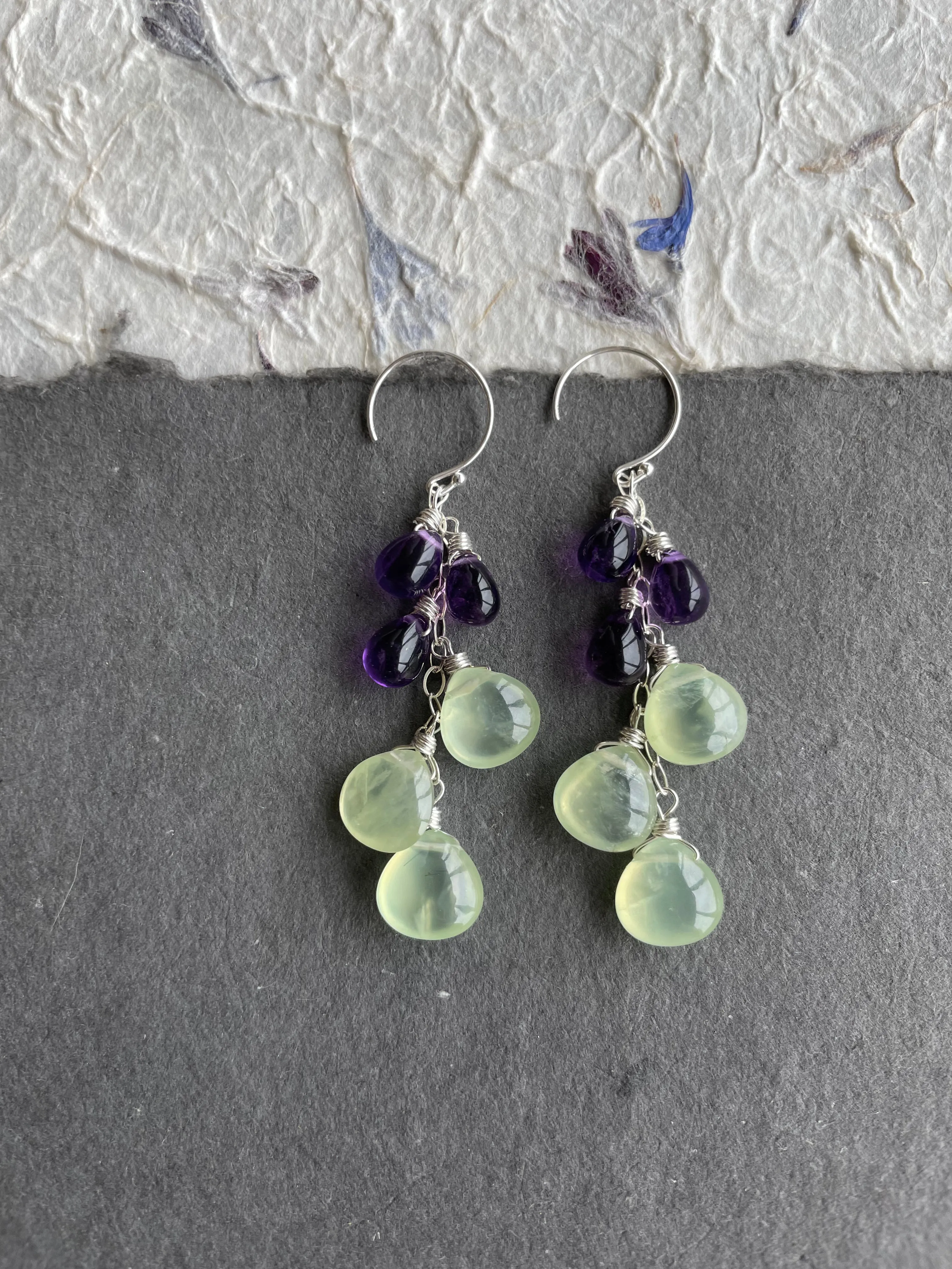 Amethyst and Prehnite Cascade earrings, earwire options