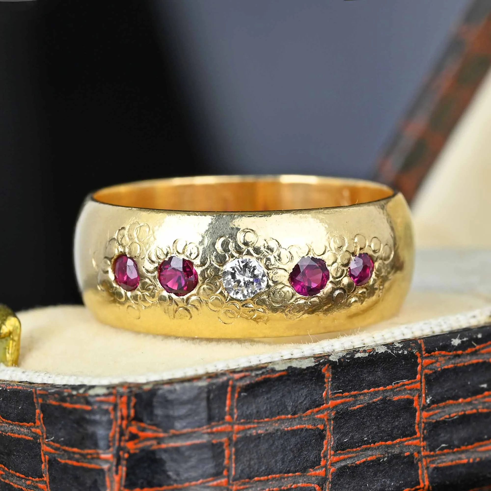 Antique 14K Gold Ruby Diamond Ring Wedding Band