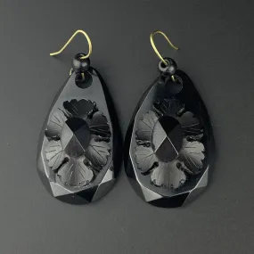 Antique Victorian Floral Carved Whitby Jet Dangle Earrings