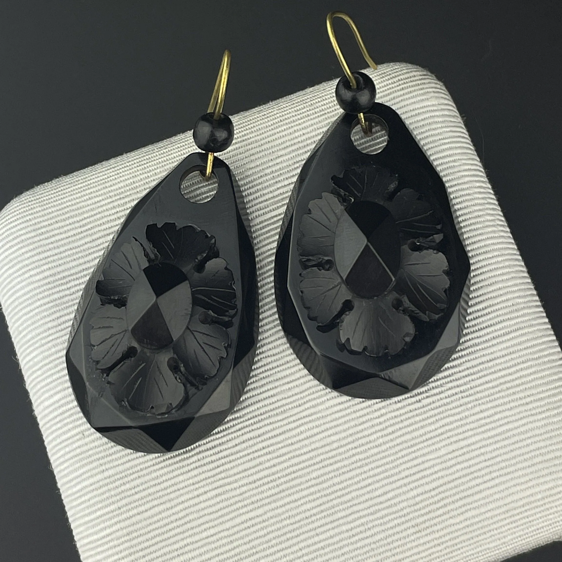 Antique Victorian Floral Carved Whitby Jet Dangle Earrings