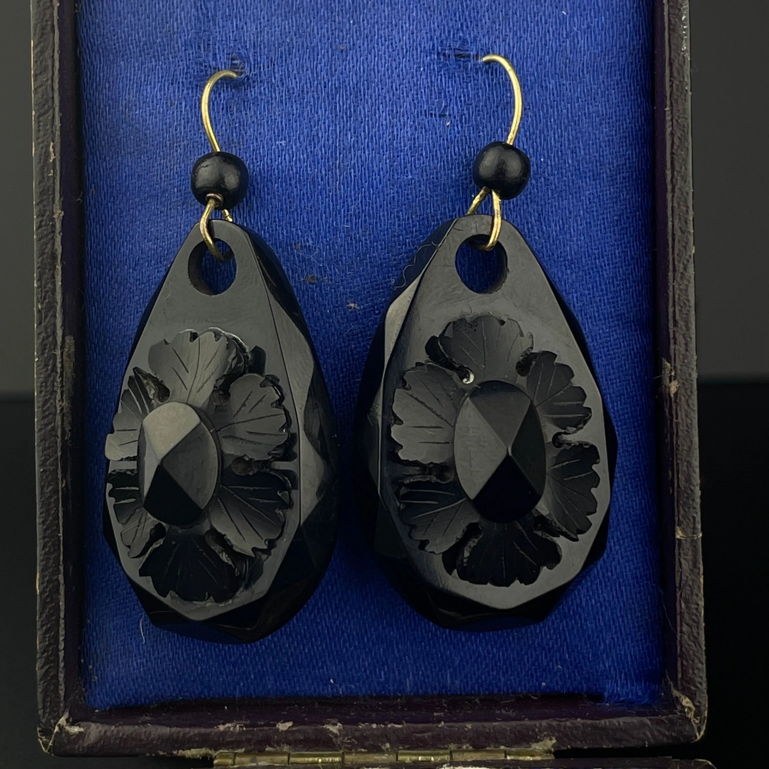 Antique Victorian Floral Carved Whitby Jet Dangle Earrings