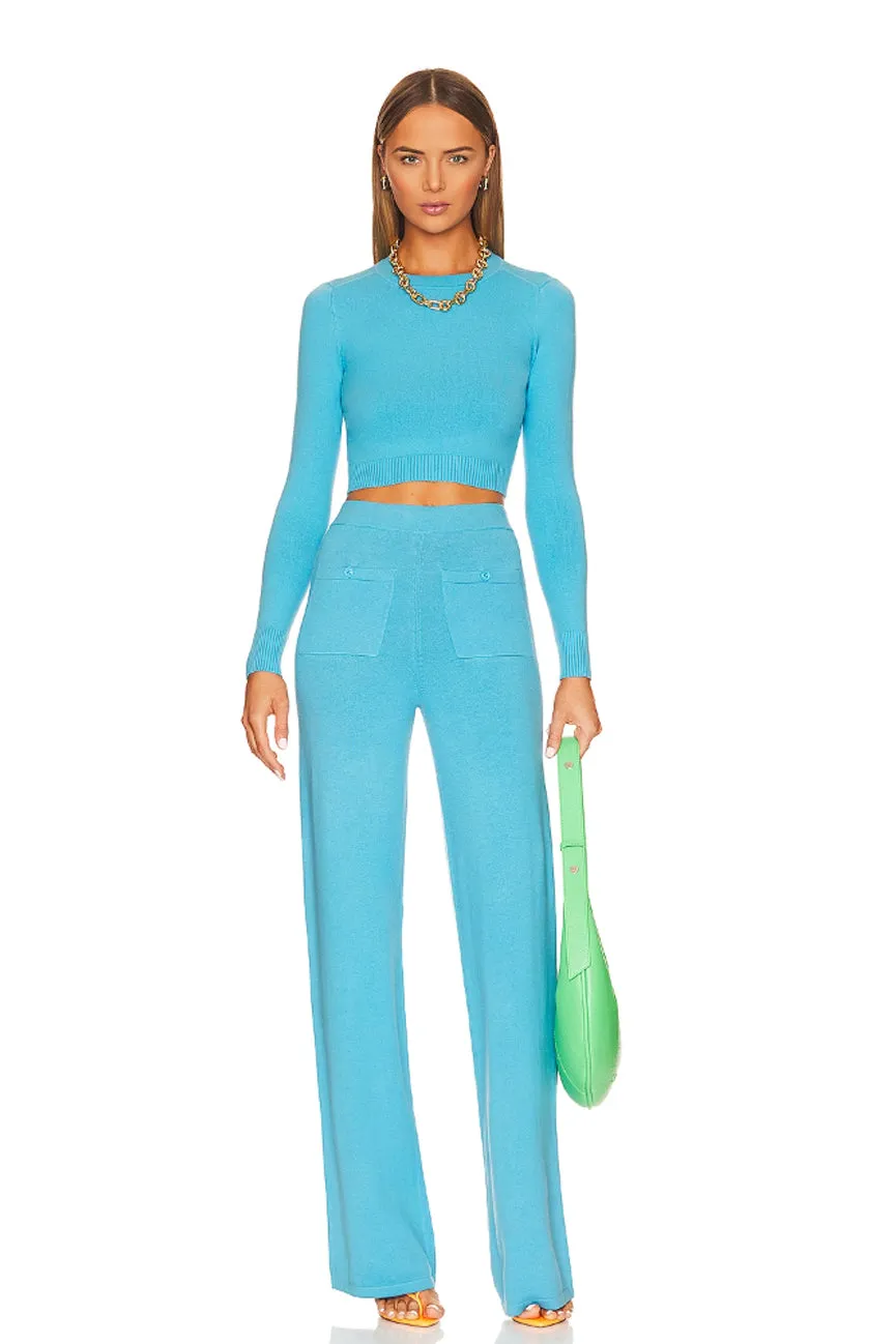 Aqua Blue Peachskin Long Sleeve Crop Crew