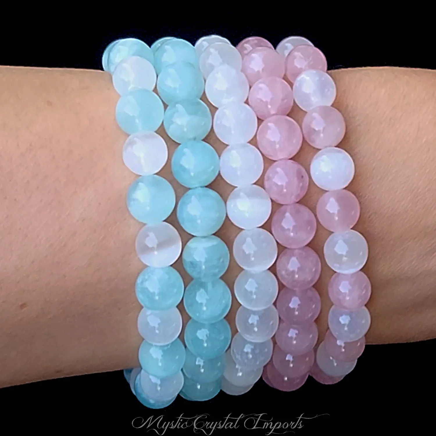 Aquamarine, Rose Quartz, and Selenite - 5 Piece Love Yourself Bracelet Set