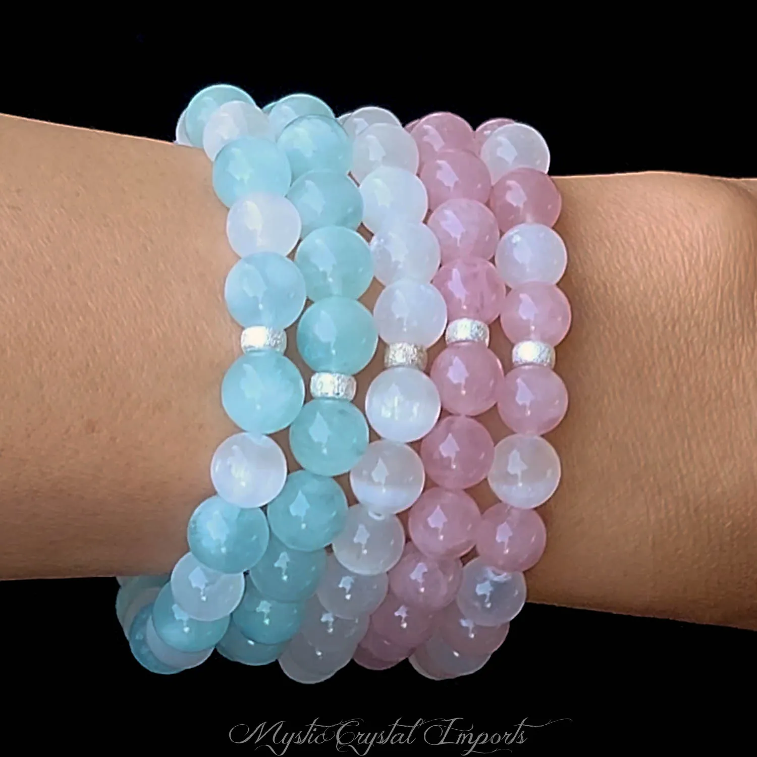 Aquamarine, Rose Quartz, and Selenite - 5 Piece Love Yourself Bracelet Set