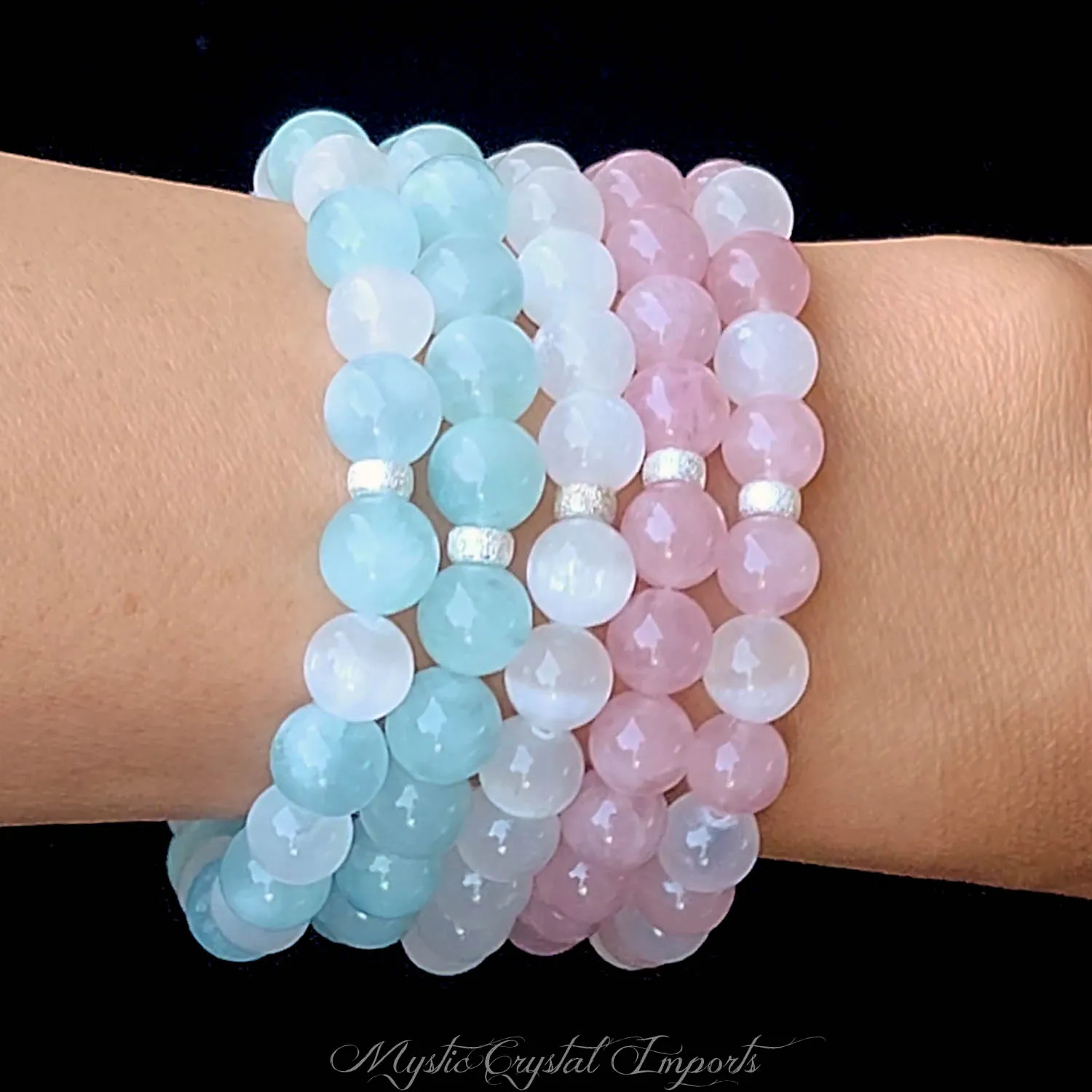 Aquamarine, Rose Quartz, and Selenite - 5 Piece Love Yourself Bracelet Set