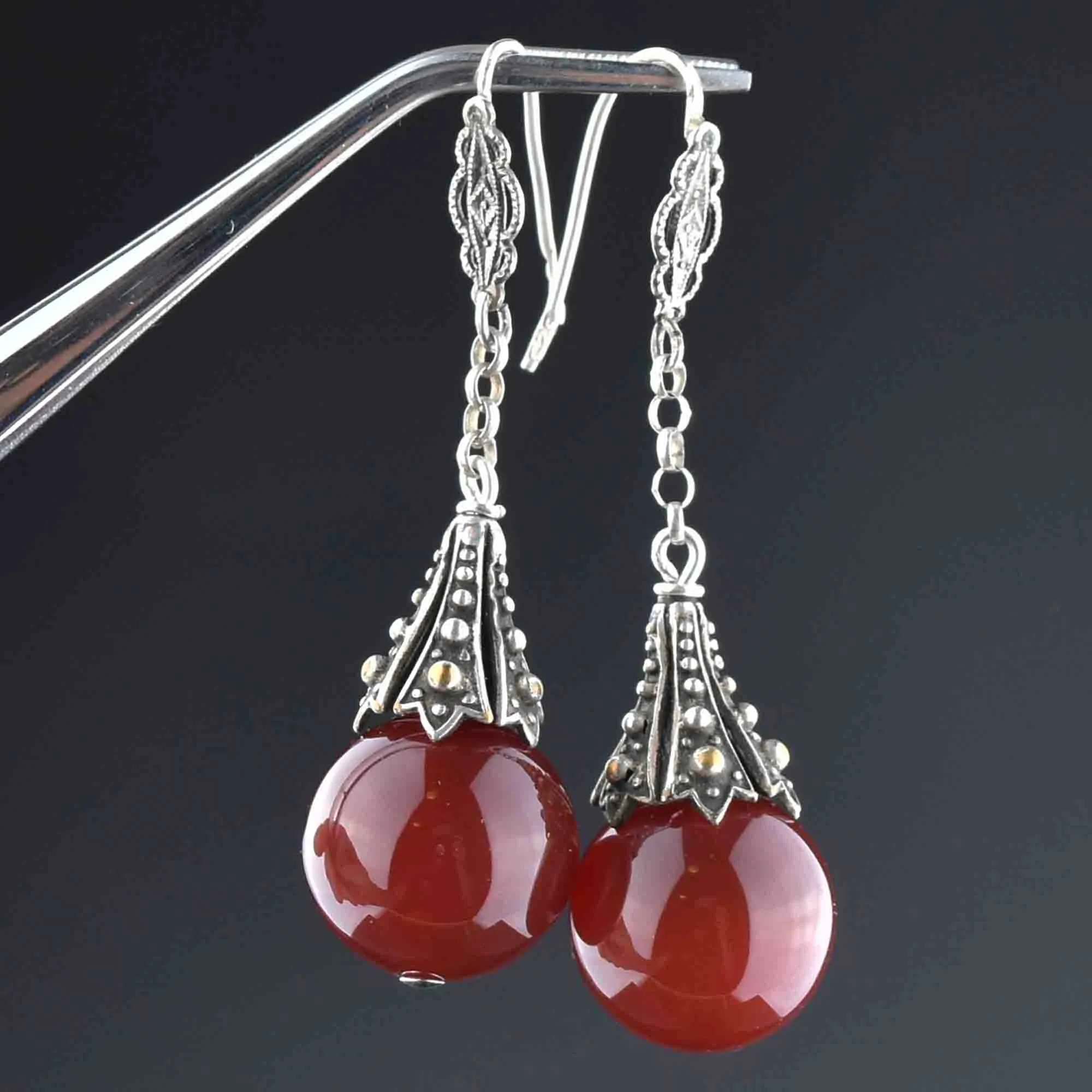 Art Deco Silver Carnelian Drop Earrings