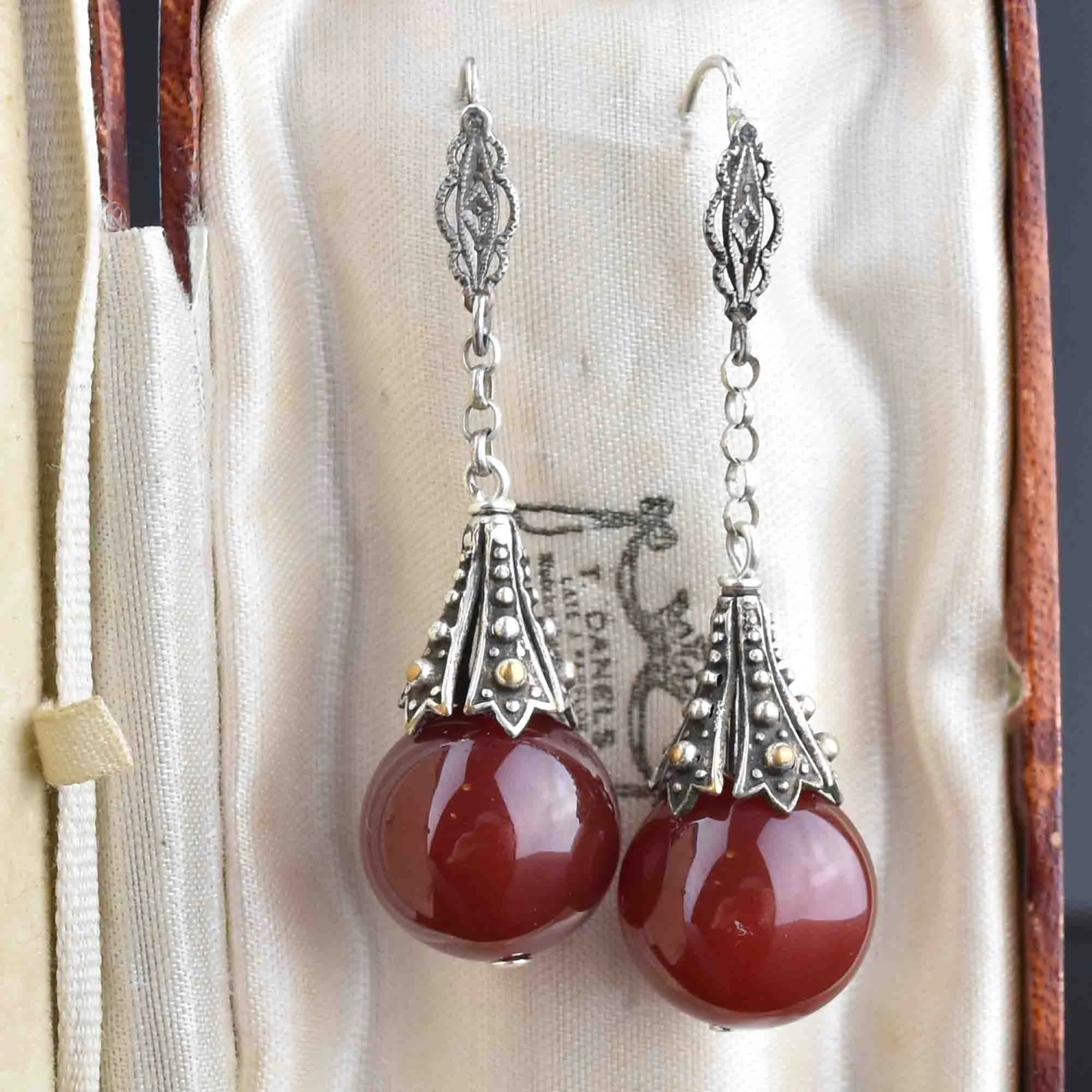 Art Deco Silver Carnelian Drop Earrings