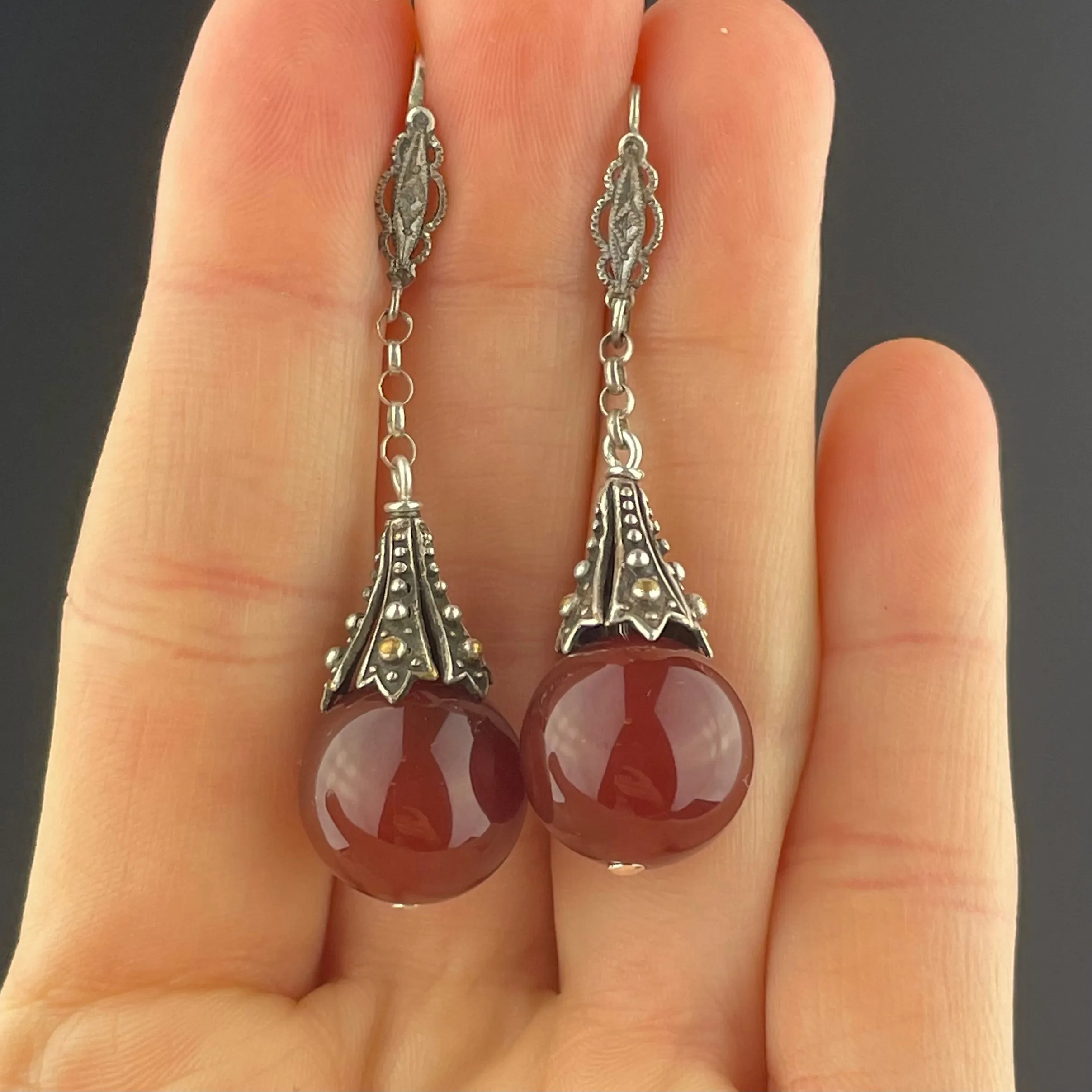 Art Deco Silver Carnelian Drop Earrings