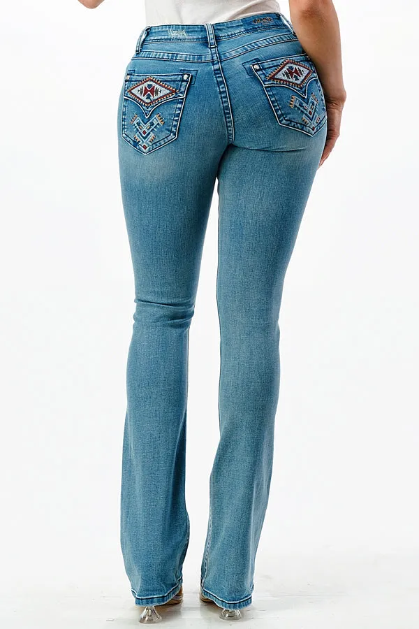 Aztec Detail Faux Flap Mid Rise Bootcut Jeans