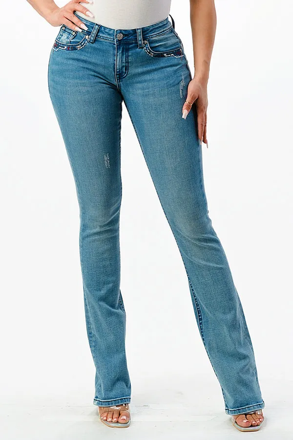 Aztec Detail Faux Flap Mid Rise Bootcut Jeans