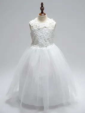 Ball Gown Lace Tulle Sleeveless Jewel Neck First Communion Long Flower Girl Dresses