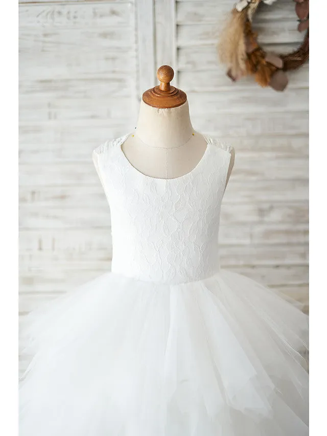 Ball Gown Lace Tulle Sleeveless Jewel Neck Wedding Birthday Flower Girl Dresses