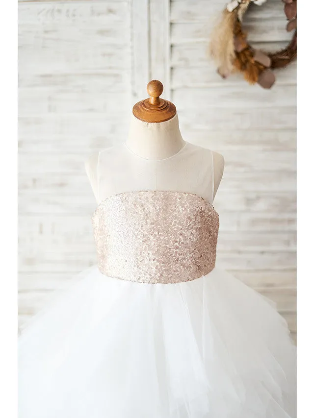 Ball Gown Tulle Sequined Sleeveless Jewel Neck Wedding Birthday Flower Girl Dresses