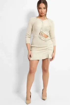 Beige Ribbed Knit Asymmetric Drawstring Details Dress