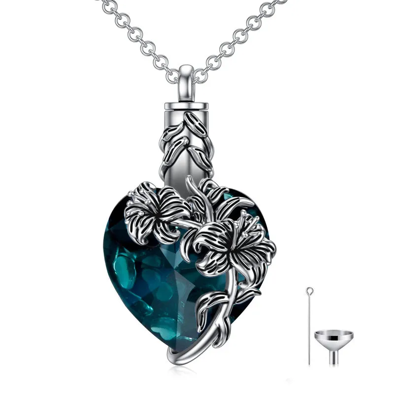 Birth Flower Crystal Cremation Jewelry for Ashes 925 Sterling Silver Birthstone Urn Necklace Memorial Jewelry for Women