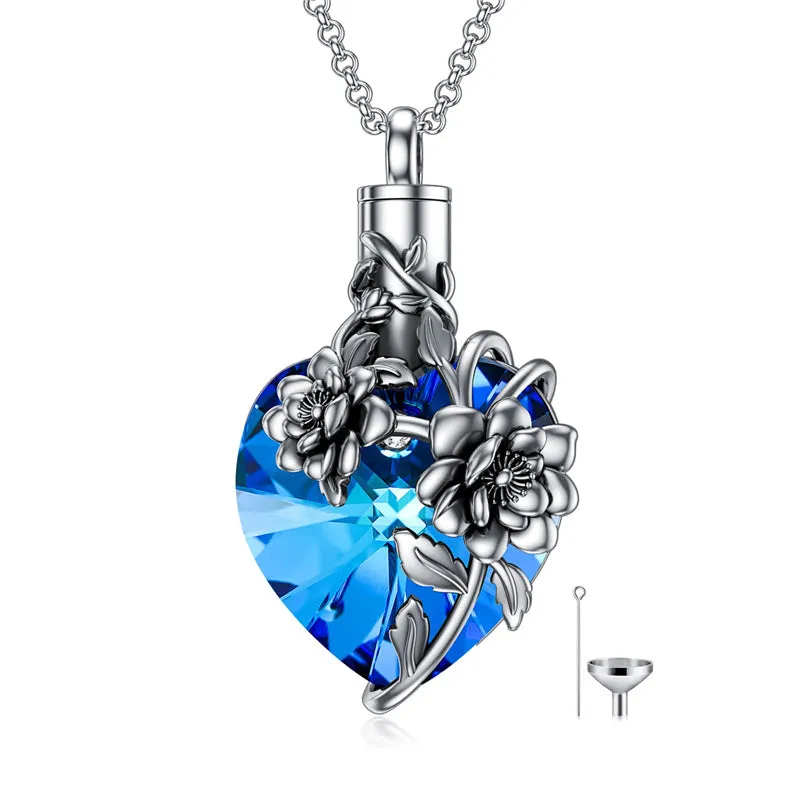 Birth Flower Crystal Cremation Jewelry for Ashes 925 Sterling Silver Birthstone Urn Necklace Memorial Jewelry for Women