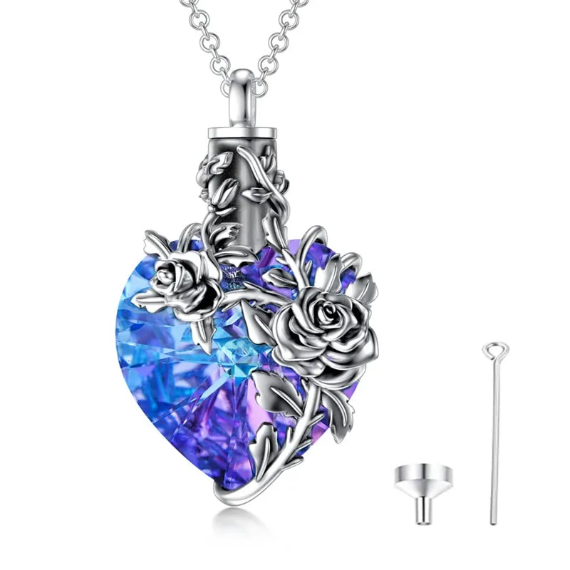 Birth Flower Crystal Cremation Jewelry for Ashes 925 Sterling Silver Birthstone Urn Necklace Memorial Jewelry for Women