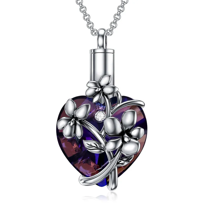 Birth Flower Crystal Cremation Jewelry for Ashes 925 Sterling Silver Birthstone Urn Necklace Memorial Jewelry for Women