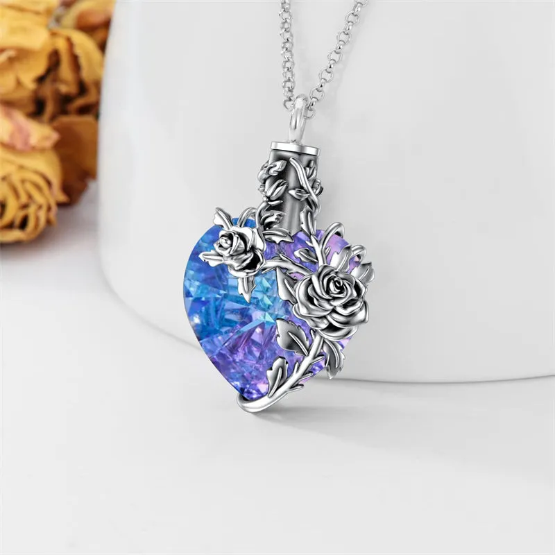 Birth Flower Crystal Cremation Jewelry for Ashes 925 Sterling Silver Birthstone Urn Necklace Memorial Jewelry for Women