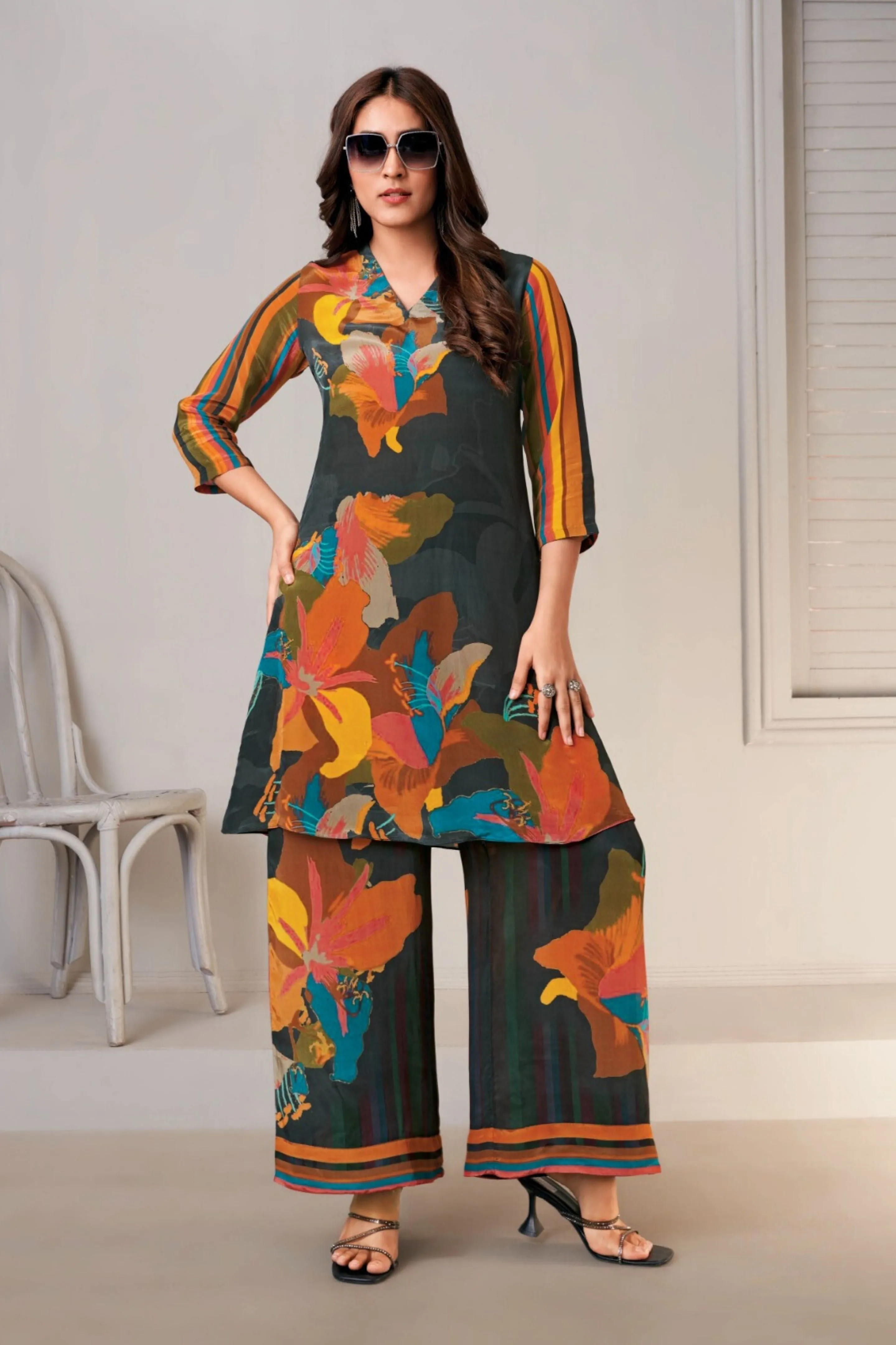 Black Floral Printed Crepe Silk Kurta & Palazzo Set