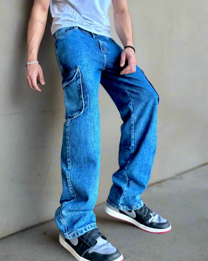 Blue Acid Wash Flap Pocket Side Cargo Jeans