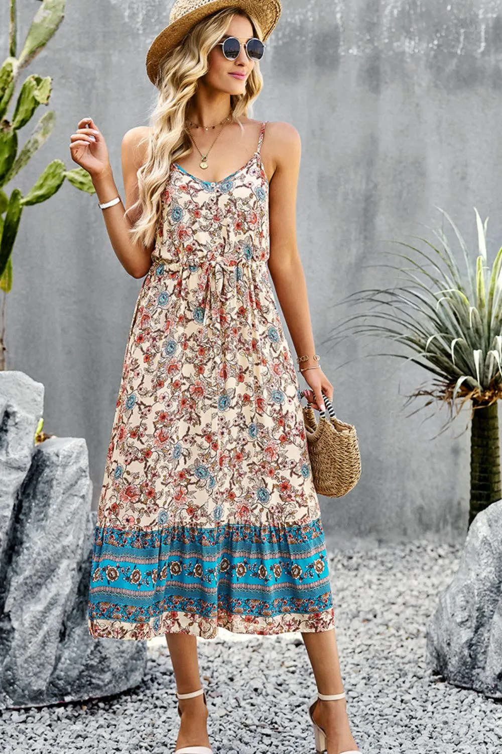 Bohemian Spaghetti Strap Dress with Drawstring and Slit - Summer Beach Wedding Guest Attire for Women