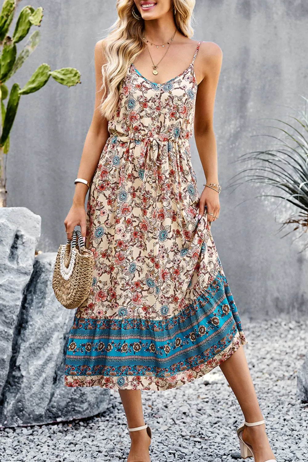 Bohemian Spaghetti Strap Dress with Drawstring and Slit - Summer Beach Wedding Guest Attire for Women