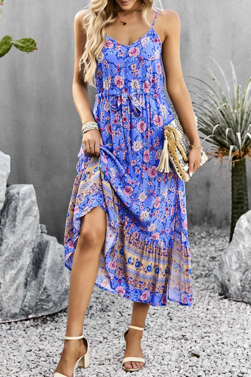 Bohemian Spaghetti Strap Dress with Drawstring and Slit - Summer Beach Wedding Guest Attire for Women