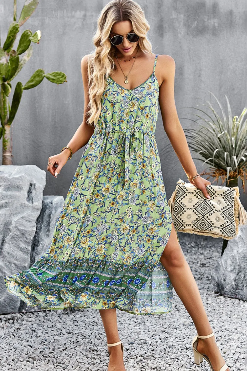 Bohemian Spaghetti Strap Dress with Drawstring and Slit - Summer Beach Wedding Guest Attire for Women