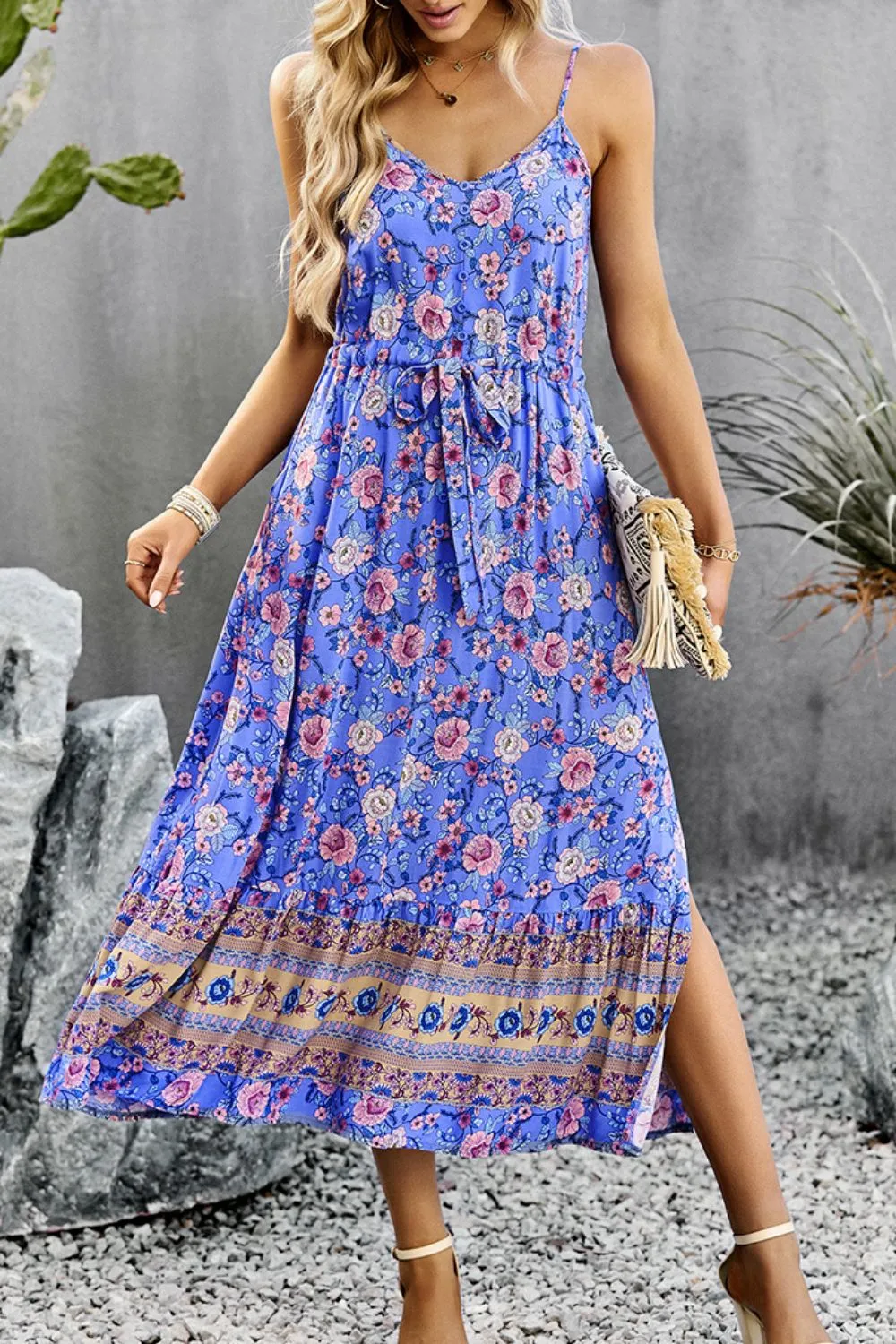 Bohemian Spaghetti Strap Dress with Drawstring and Slit - Summer Beach Wedding Guest Attire for Women