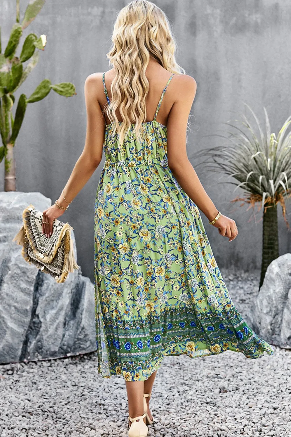 Bohemian Spaghetti Strap Dress with Drawstring and Slit - Summer Beach Wedding Guest Attire for Women