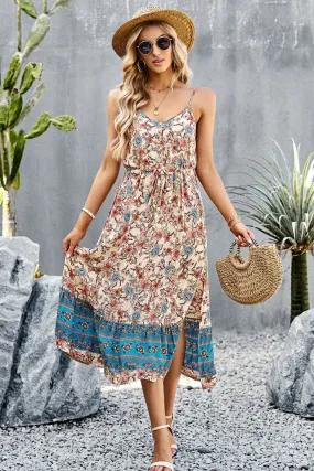 Bohemian Spaghetti Strap Dress with Drawstring and Slit - Summer Beach Wedding Guest Attire for Women