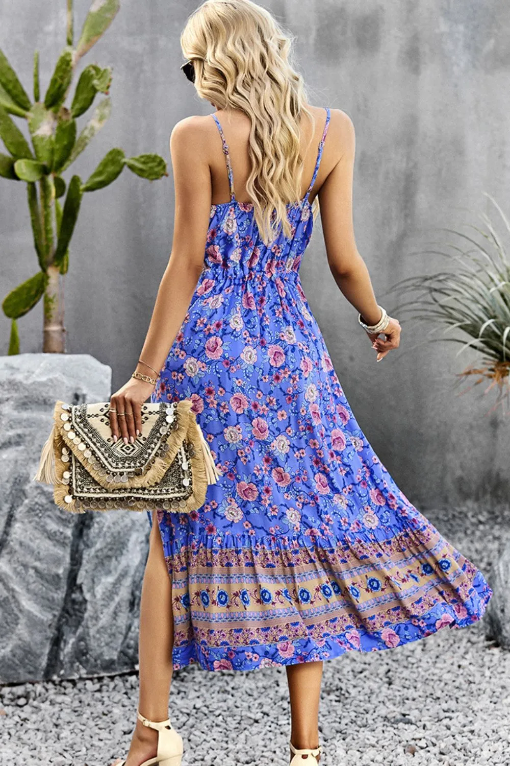 Bohemian Spaghetti Strap Dress with Drawstring and Slit - Summer Beach Wedding Guest Attire for Women