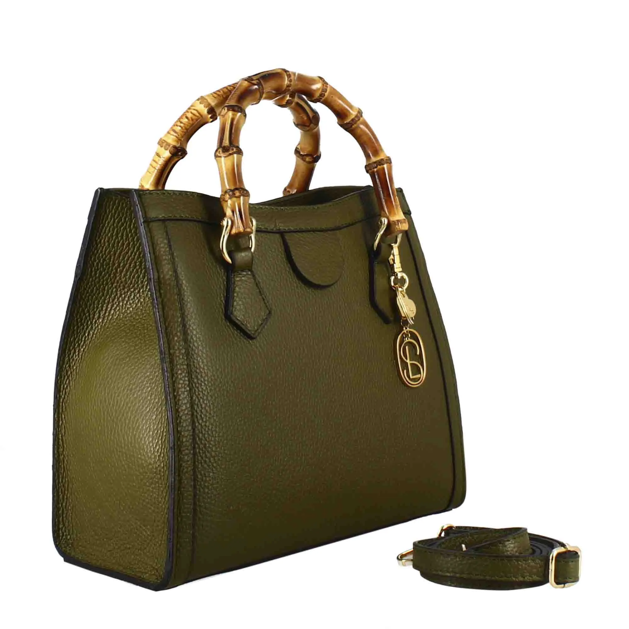 Borsa Bamboo da donna in pelle colore verde con manici in legno e tracolla