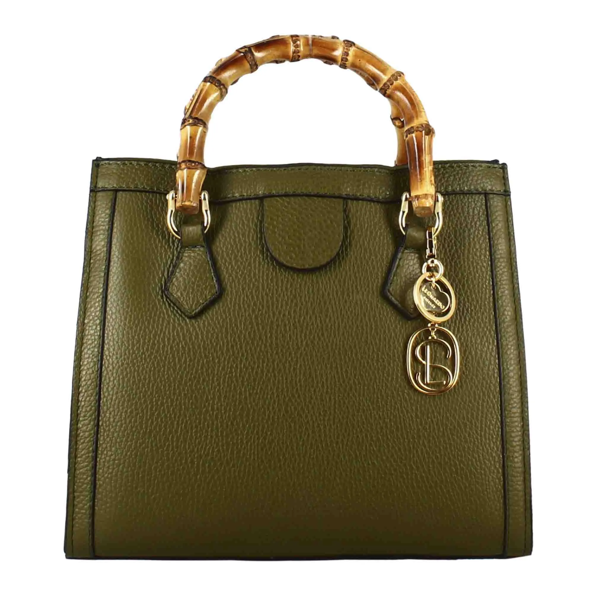 Borsa Bamboo da donna in pelle colore verde con manici in legno e tracolla