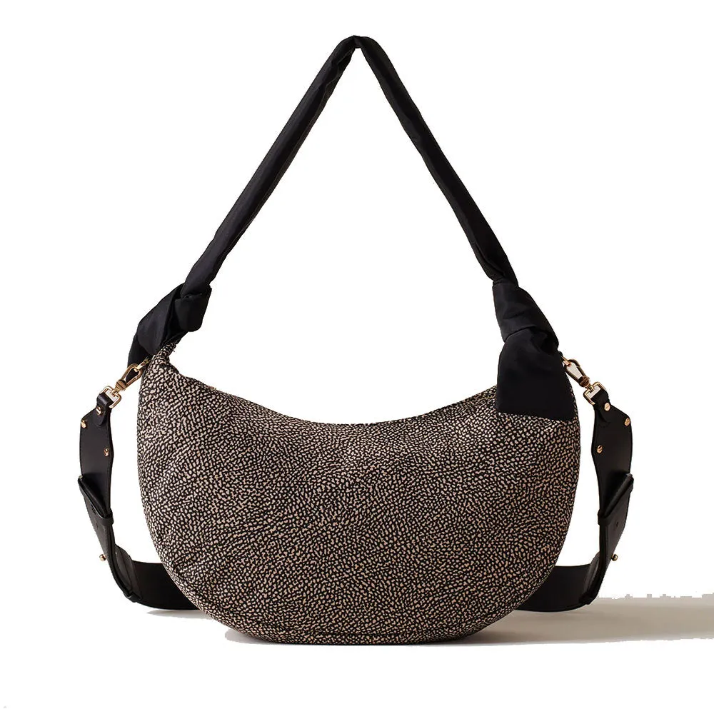 Borsa Donna Hobo Medium BORBONESE linea Lover in Tessuto stampa Op Naturale e Nero